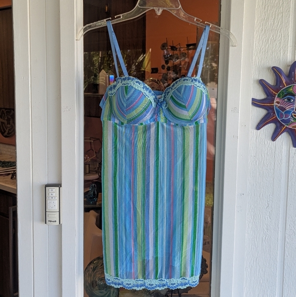 Vintage Y2k Fairy Rampage Medium Slip Striped Bustier Blue Green Chemise - Picture 2 of 13